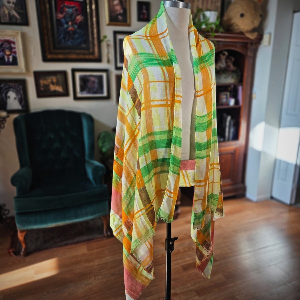 Scarf‎ Plaid Viscose Wrap Green Orange Yellow Large Lightweight Shawl 72x34 Boho